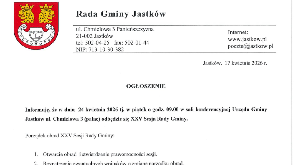 Ogłoszenie o XXV Sesji Rady Gminy