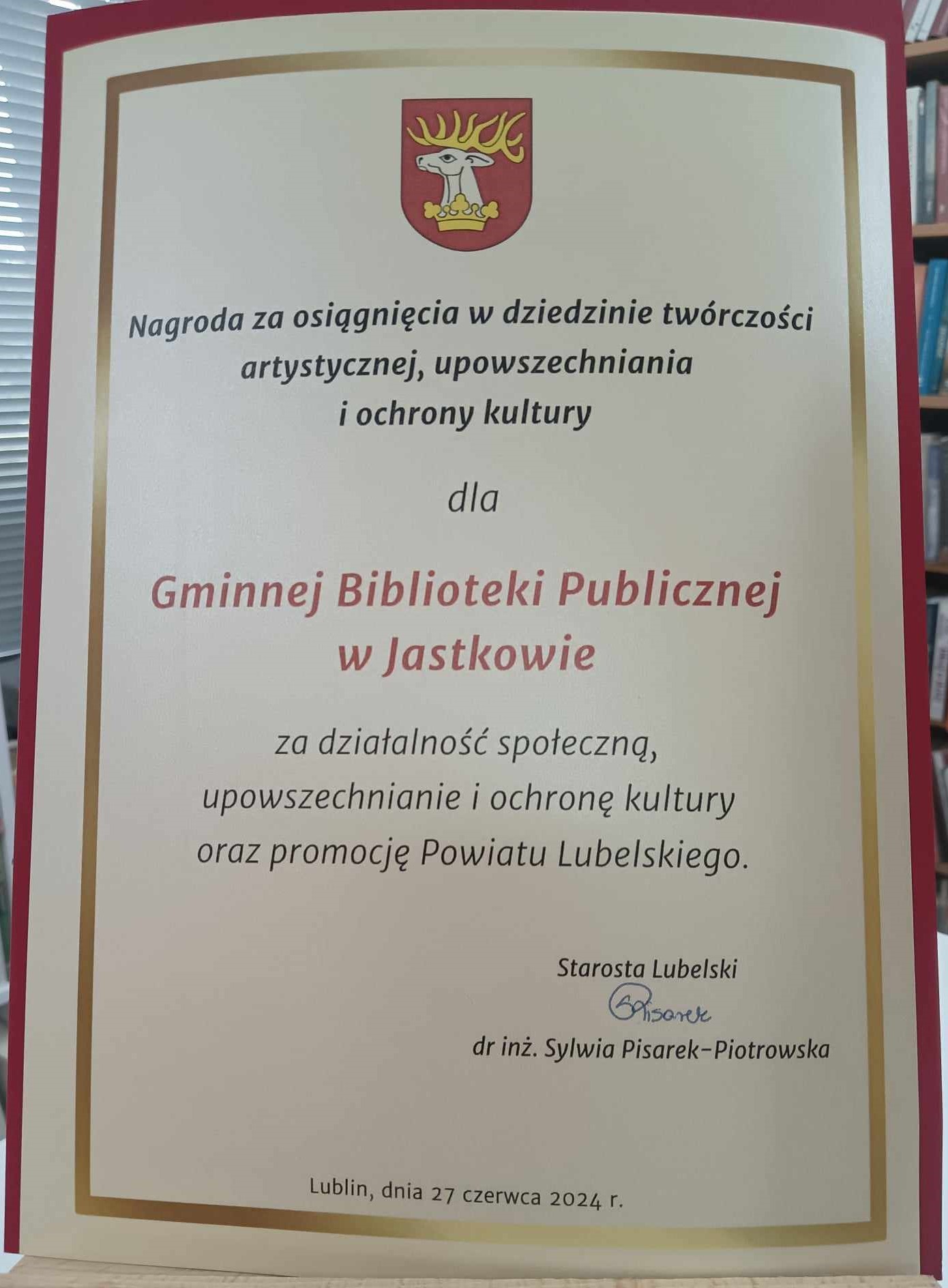 Gminna Biblioteka Publiczna w Jastkowie otrzymała nagrodę