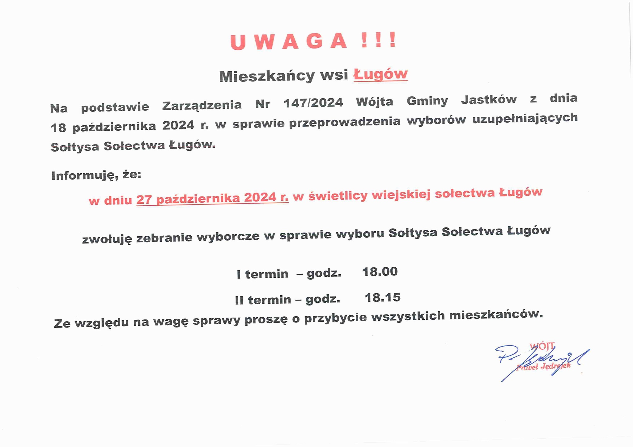 Wybory uzupełniające Sołtysa Sołectwa Ługów 